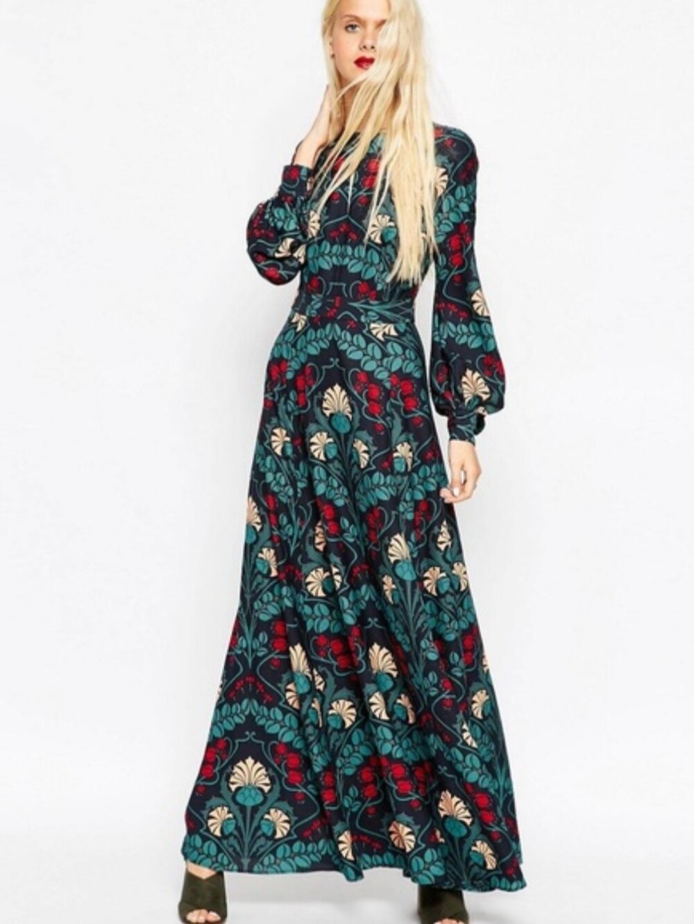 ASOS Teal, Red & Cream On Black Floral Maxi Dress